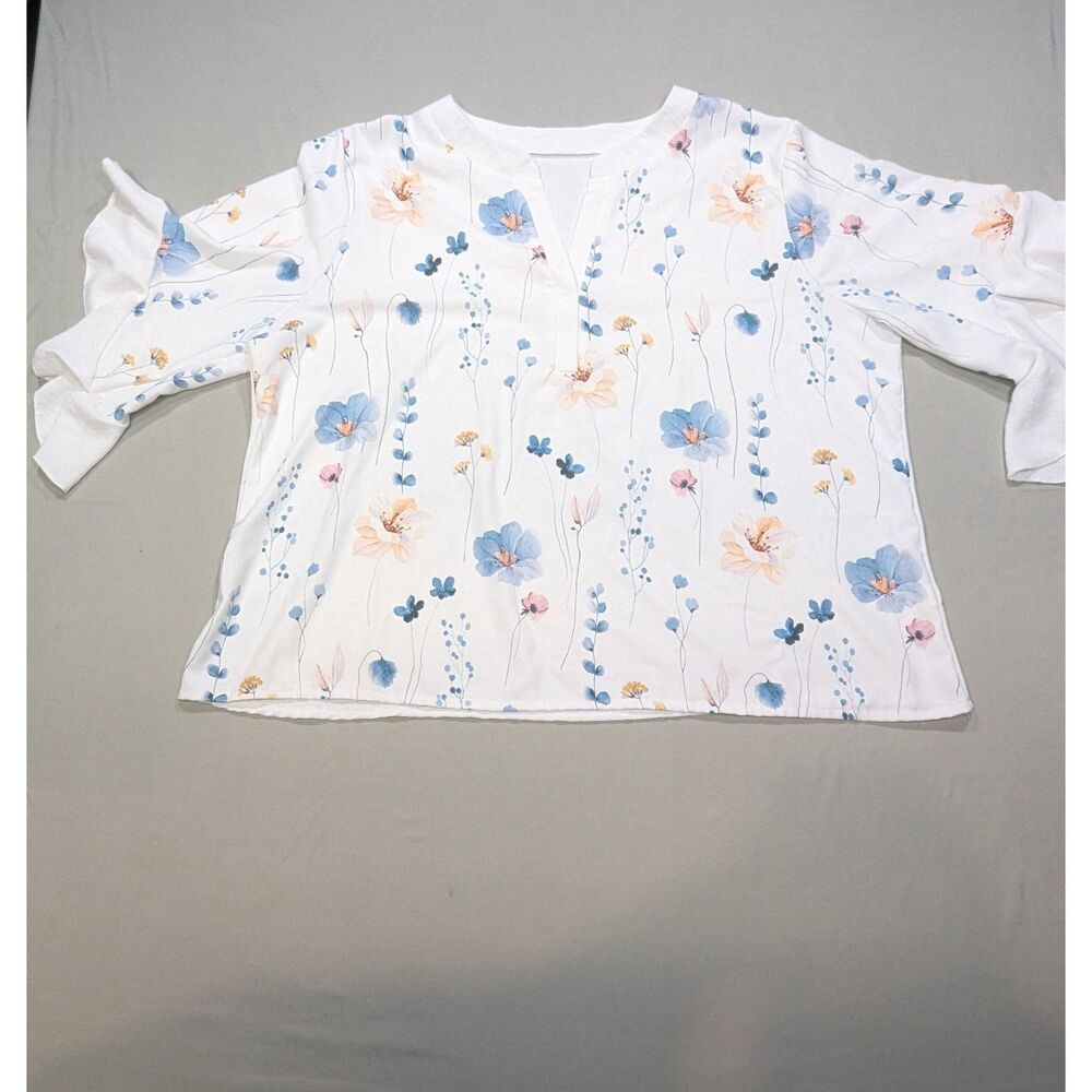Womens 3XL Floral Blouse White Blue Ruffle Sleeve Split Neck Stretch Top